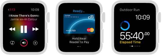 Three Apple Watch screens showing options for using the watch without the companion iPhone nearby: playing music, checking activity progress, and running—screen shows elapsed time of workout.