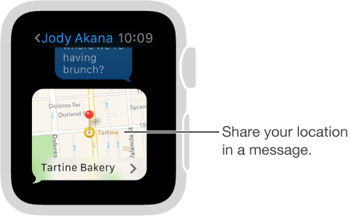 Messages screen showing a map of the sender's location. Firmly press display to send your location in a conversation.