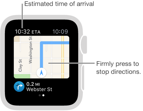 While you're following directions, your estimated time of arrival is in the upper left. Press the screen at any time to cancel the directions.