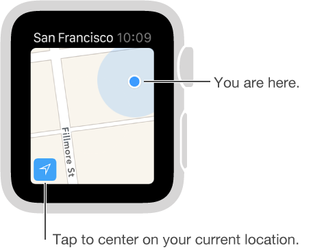 Tap the Tracking button in the lower-left corner of the map to see your location, indicated by a blue dot.