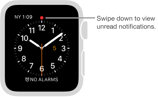 A red dot appears above the twelve o'clock position on your watch face when you have a notification to attend to. Swipe down to view.