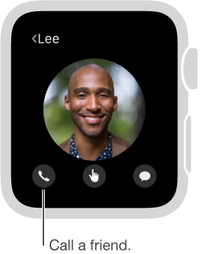 Screen showing a chosen friend's face with the phone, Digital Touch, and Messages buttons beneath. Tap Phone to call this friend.