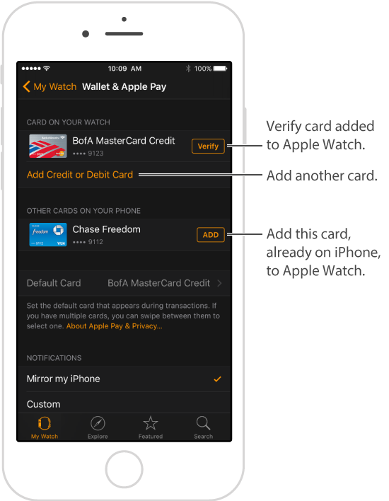 Wallet & Apple Pay settings screen in the Apple Watch app. Pointer to the word Verify, tap to enter the verification code for your payment card. Tap Add Credit or Debit Card to add a new payment card. If you already have a card on iPhone, you can tap Add next to it here to add it to Apple Watch.