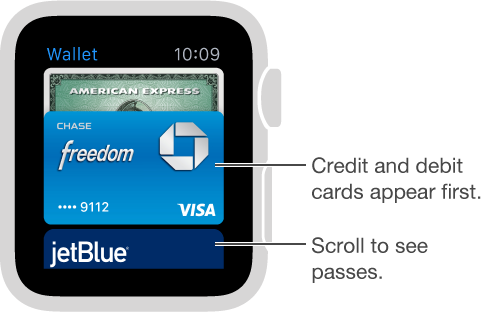 The Passbook screen on Apple Watch shows payment cards first, with passes below.