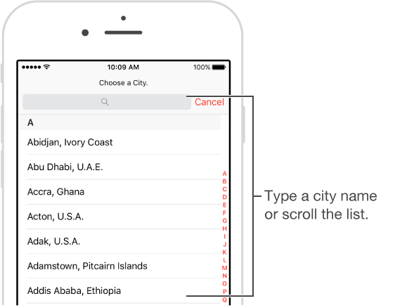 Screen of the Clock app on iPhone, where you can add cities to the World Clock app.