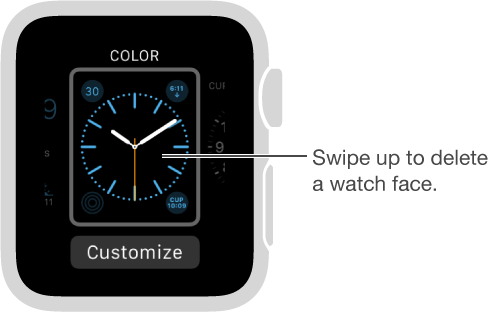 Watch face showing. Swipe up to delete watch face.