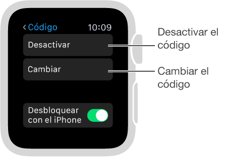 Pantalla de ajustes Código del Apple Watch. Indicaciones referentes a las opciones “Desactivar código” y “Cambiar código”.