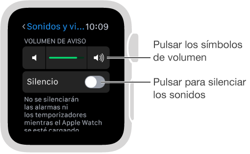 Pantalla de ajustes “Sonidos y vibraciones” del Apple Watch. Gire la corona Digital Crown o pulse los símbolos de volumen para aumentar o disminuir el volumen de los sonidos de llamada y avisos. Pulse Silencio para silenciar el Apple Watch.