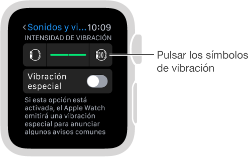 Pantalla de ajustes “Sonidos y vibraciones” en la que puede desplazarse hacia abajo hasta “Vibraciones de llamada y aviso” y, a continuación, pulsar los símbolos de vibración para aumentar o disminuir la intensidad de los toques.