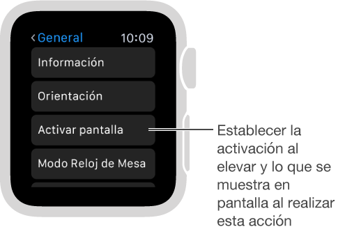 Pantalla de ajustes General del Apple Watch con una indicación correspondiente a la opción “Activar al elevar la muñeca”. Púlsela para establecerla.