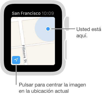 Pulse el botón de seguimiento situado en la esquina inferior izquierda del mapa para ver su ubicación, indicada con un punto azul.