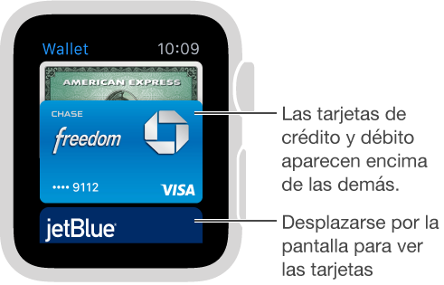 Pantalla Passbook del Apple Watch en la que se muestran las tarjetas de pago encima de las demás tarjetas.