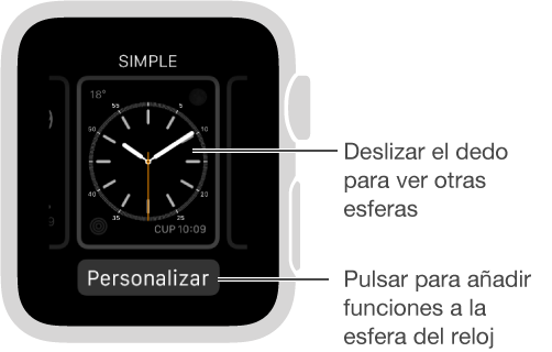 Imagen en la que se muestra lo que se ve al pulsar fuerte la esfera del reloj. Puede deslizar el dedo hacia la izquierda o hacia la derecha para ver otras esferas. Pulse Personalizar para añadir las funciones que desee a una esfera.