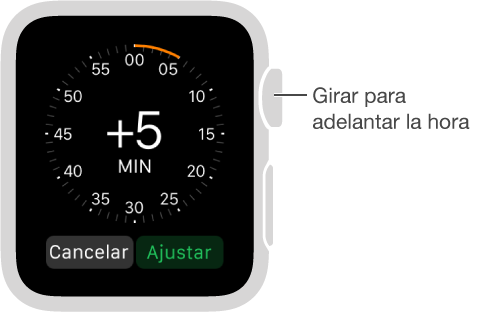 En los ajustes de hora, gire la corona Digital Crown para adelantar la hora que desee que se muestre en la esfera del reloj.