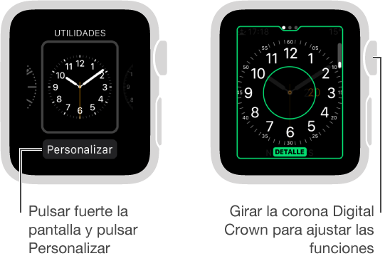 Esfera Utilidades a la izquierda. Pulse el botón Personalizar. Pantalla Personalizar a la derecha con la función de detalles del reloj resaltada. Gire la corona Digital Crown para cambiar las opciones.