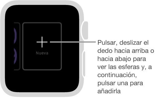 Pantalla de una esfera nueva. Pulse la esfera del reloj para ver los diferentes diseños deslizando el dedo hacia arriba y hacia abajo. Pulse uno para añadirlo.