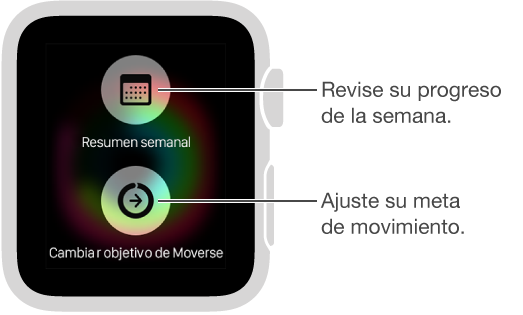 En la app Actividad, presiona la pantalla para cambiar tu objetivo diario de Moverse.