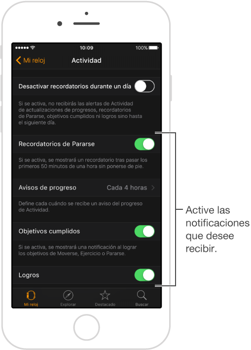 La pantalla Actividad en la app Apple Watch, en donde puedes personalizar las notificaciones que deseas obtener y elegir si quieres mostrar el vistazo Actividad.