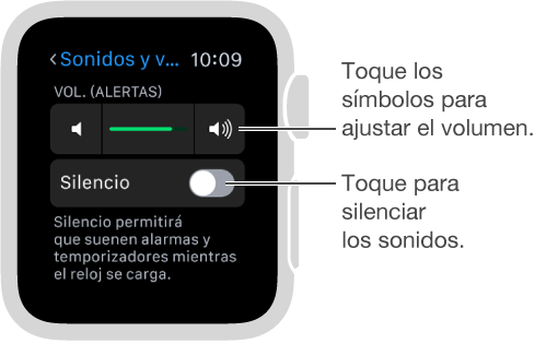 Pantalla de configuración “Sonidos y vibración” en el Apple Watch. Gira la corona Digital Crown o toca los símbolos de volumen para incrementar o disminuir el volumen de los timbres y alertas. Toca Silencio para silenciar el Apple Watch.