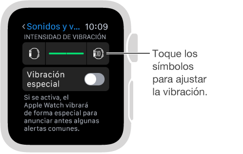 Pantalla de configuración “Sonidos y vibración” donde puedes desplazarte hacia abajo hasta “Vibración de timbre y alertas” y tocar los símbolos de vibración para incrementar o disminuir la intensidad de las pulsaciones.