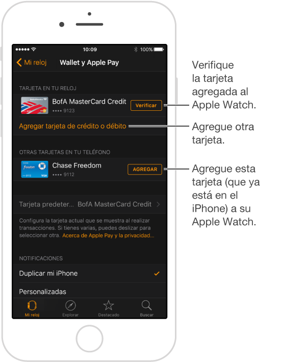 Pantalla de configuración “Wallet y Apple Pay” en la app Apple Watch. Puntero señalando la palabra Verificar. Toca para ingresar el código de verificación de tu tarjeta de pago. Toca “Agregar tarjeta de crédito o débito” y agrega una nueva tarjeta de pago. Si ya tienes una tarjeta en el iPhone, puedes tocar Agregar junto a ella para agregarla al Apple Watch.