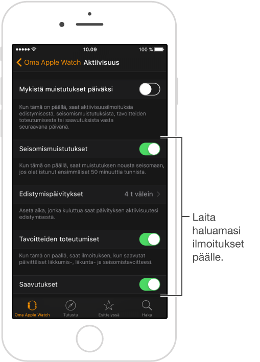 Apple Watch -ohjelman Aktiivisuus-näyttö, jossa voit muokata haluamiasi ilmoituksia ja määrittää, näytetäänkö Aktiivisuus-vilkaisu.