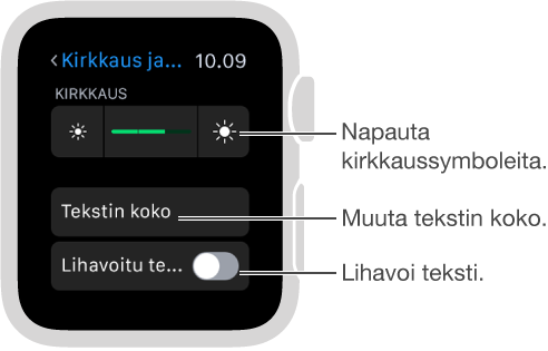 Apple Watchin kirkkausasetusnäyttö, jossa kirkkaussymboleiden selite liukusäätimien molemmilla puolilla: Napauta kirkkausymboleita; selite kohtaan Tekstin koko: säädä tekstin kokoa; Selite kohtaan Lihavoitu teksti: Lihavoi teksti.