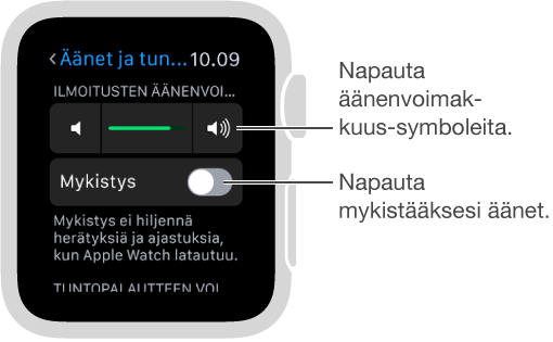 Apple Watchin Äänet ja tuntopalaute -näyttö. Lisää tai vähennä soitto- ja ilmoitusäänten äänenvoimakkuutta kääntämällä Digital Crownia tai napauttamalla äänenvoimakkuussymboleita. Mykistä Apple Watch napauttamalla Mykistys.