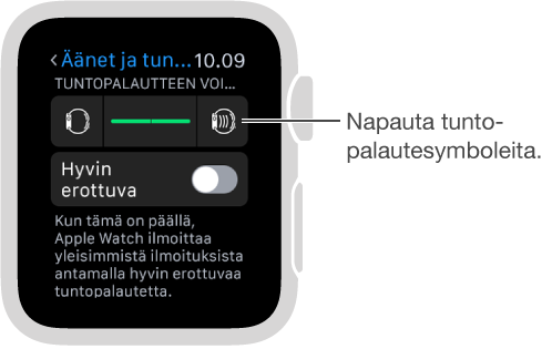 Äänet ja tuntopalaute -asetusnäyttö, jossa voit vierittää alas kohtaan Soitto- ja ilmoitusäänet, sitten lisätä tai vähentää napautusten voimakkuutta napauttamalla tuntopalautesymboleita.