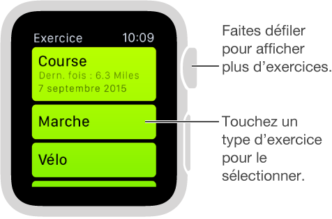 Dans l’app Exercice, touchez pour sélectionner un exercice et faites tourner la Digital Crown pour afficher une liste des exercices.