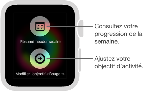 Dans l’app Activité, appuyez sur l’écran pour modifier votre objectif quotidien « Bouger ».