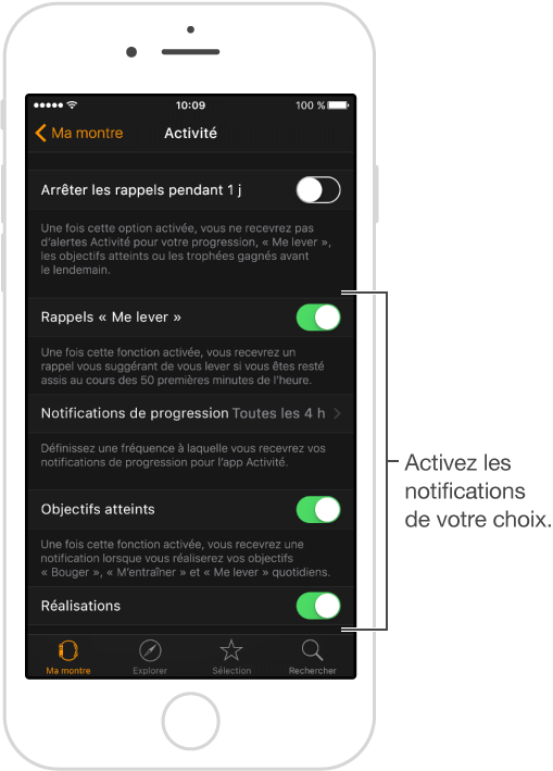 Écran Activité de l’app Apple Watch, où vous pouvez choisir quelles notifications recevoir et choisir d’afficher ou non le Coup d’œil Activité.