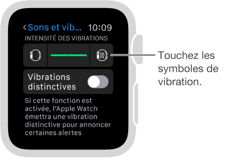 Écran des réglages Sons et vibrations où vous pouvez faire défiler vers le bas jusqu’à Sonnerie et vibrations puis toucher les symboles de vibration pour augmenter ou réduire l’intensité des tocs.