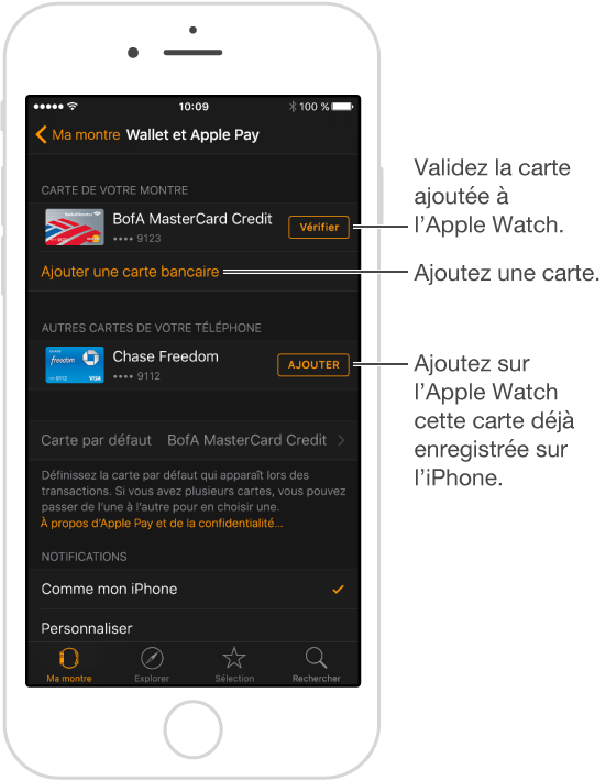 Écran des réglages Wallet et Apple Pay dans l’app Apple Watch. Pointeur sur le mot Vérifier ; touchez pour saisir le code de vérification de votre carte de paiement. Touchez Ajouter une carte bancaire pour ajouter une nouvelle carte de paiement. Si vous avez déjà une carte sur votre iPhone, vous pouvez toucher Ajouter à côté de cette carte pour l’ajouter à l’Apple Watch.