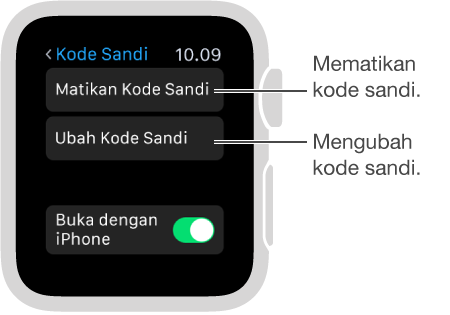 Layar pengaturan kode sandi pada Apple Watch. Penunjuk ke Nonaktifkan Kode Sandi dan Ubah Kode Sandi.