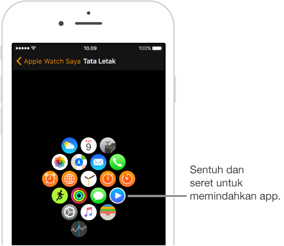 Layar Tata Letak pada app Apple Watch pada iPhone, yang menampilkan tata letak app. Sentuh dan seret untuk memindahkan app.