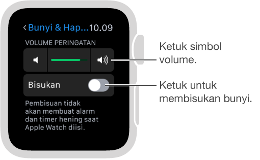 Layar pengaturan Bunyi & Haptic pada Apple Watch. Putar Digital Crown atau ketuk simbol volume untuk menaikkan atau menurunkan volume dering dan peringatan. Ketuk Bisukan untuk membisukan Apple Watch.