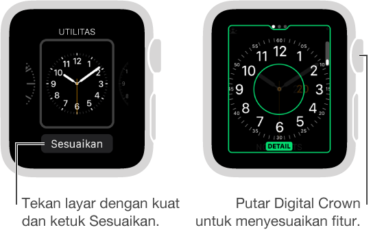 Tampilan jam utilitas di sebelah kiri. Ketuk tombol Sesuaikan. Layar Sesuaikan di sebelah kanan dengan fitur detail jam disorot. Putar Crown Digital untuk mengubah pilihan.