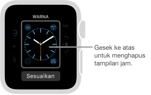 Tampilan jam ditampilkan. Gesek ke atas untuk menghapus tampilan jam.