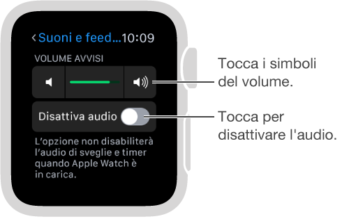 Schermata “Suoni e feedback aptico” su Apple Watch. Ruota la Digital Crown o tocca i simboli del volume per aumentare o diminuire il volume di suonerie e avvisi. Tocca “Disattiva audio” per disattivare l'audio di Apple Watch.