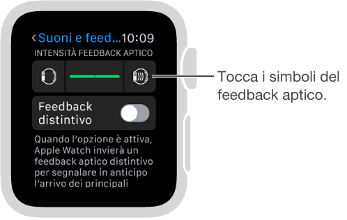 Schermata delle impostazioni “Suoni e feedback aptico” che ti consente di scorrere verso il basso fino a “Intensità feedback aptico”; toccare quindi i simboli o ruotare la Digital Crown per aumentare o diminuire l'intensità dei tocchi.