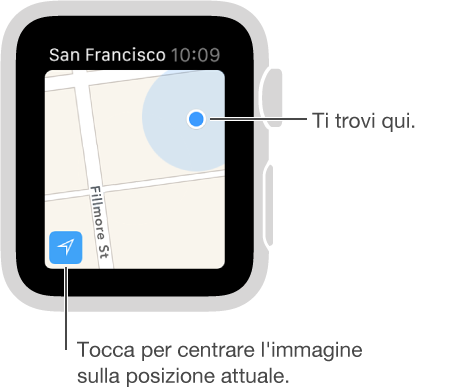 Tocca il pulsante Monitoraggio nell'angolo inferiore sinistro della mappa per visualizzare la tua posizione, indicata con un punto blu.