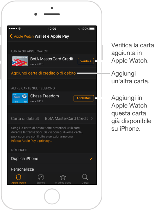 Schermata delle impostazioni di Wallet e Apple Pay nell'app Apple Watch. Puntatore sull'opzione Verifica, tocca per inserire il codice di verifica della tua carta di pagamento. Tocca “Aggiungi carta di credito o di debito” per aggiungere una nuova carta di pagamento. Se disponi già di una carta su iPhone, puoi toccare Aggiungi accanto alla carta per aggiungerla in Apple Watch.