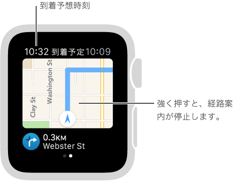 経路案内に従っているときは、到着予想時刻が左上に表示されます。 画面を押せば、いつでも経路案内をキャンセルできます。