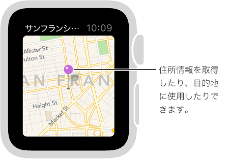 地図上のピンを利用すると、地図上の地点のおおよその住所を取得できます。ピンは経路の目的地としても利用できます。