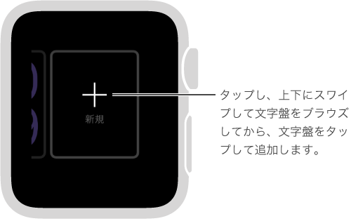 新規の文字盤の画面。 文字盤をタップしてから、上または下にスワイプしてデザインをブラウズします。 デザインをタップすると、そのデザインが追加されます。