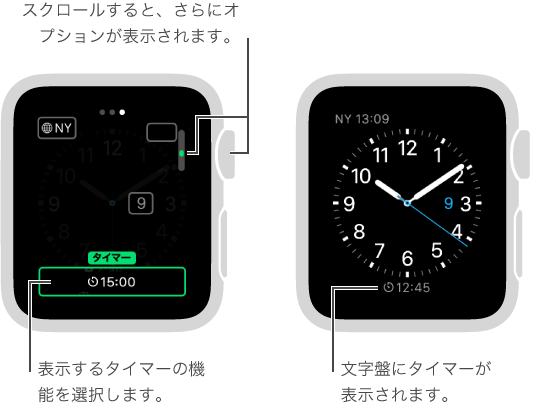2 つの画面。一方の画面では、文字盤を変更してタイマーを追加しています。もう一方の画面は、文字盤にタイマーを追加した後の外観の変化を示しています。