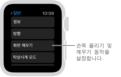 포인터가 손목 올렸을 때 활성화 옵션을 가리키고 있는 Apple Watch의 일반 설정 화면입니다. 설정하려면 탭하십시오.