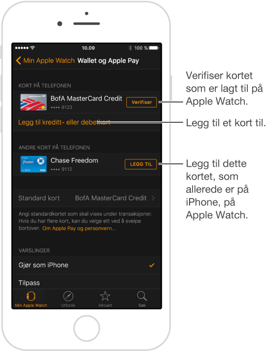 Skjerm med Wallet- og Apple Pay-innstillinger i Apple Watch-appen. Peker til ordet Verifiser, trykk for å oppgi verifiseringskoden for betalingskortet. Trykk på Legg til kreditt- eller debetkort for å legge til et nytt betalingskort. Hvis du allerede har et kort på iPhone, kan du trykke på Legg til ved siden av kortet her for å legge det til på Apple Watch.