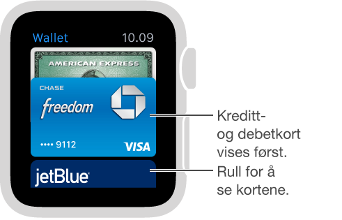 Wallet-skjermen på Apple Watch viser betalingskort først og andre kort under.